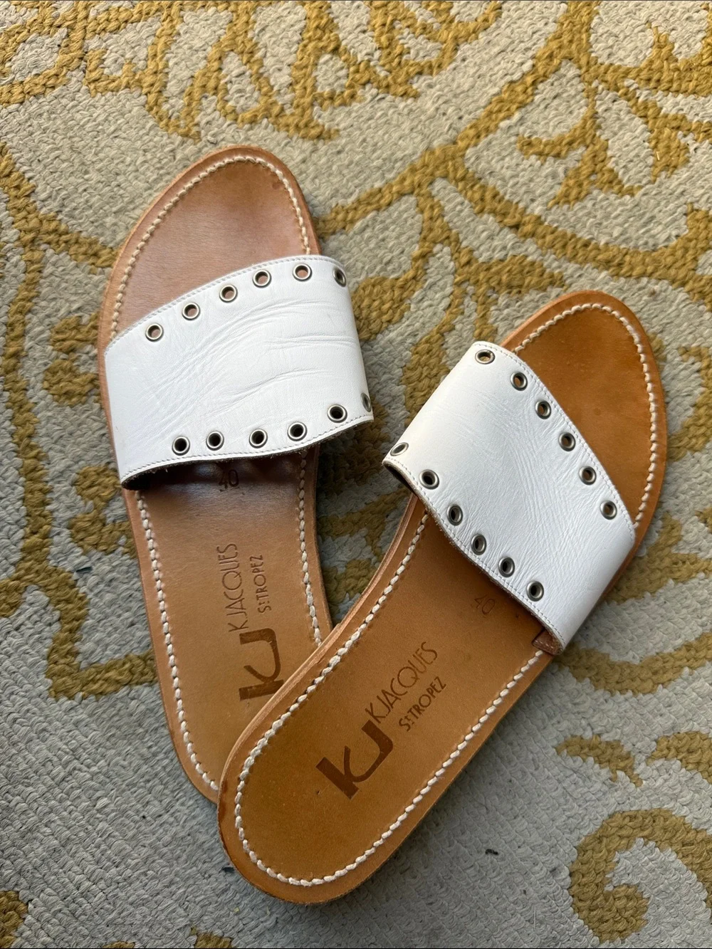K.Jacques White Leather Eyelet Slide Sandals Size 40